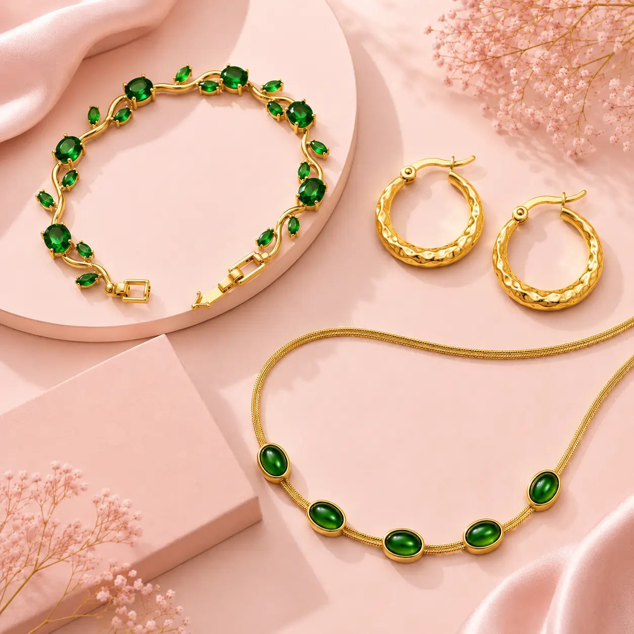 Party Wear Bracelet Earrings and Necklace with green synthetic stones