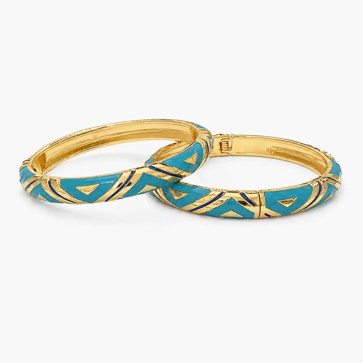 Turquoise party wear bangle set with chevron enamel pattern, angled view