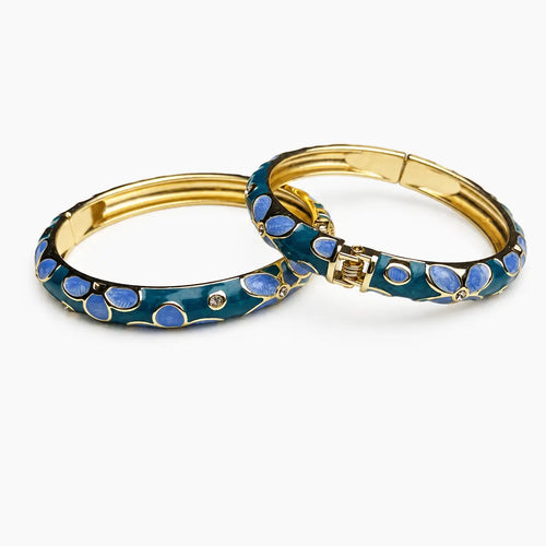 Blue Leaf-Pattern Enamel Bangles Pair With Gold-Tone Hinged Design On A White Background