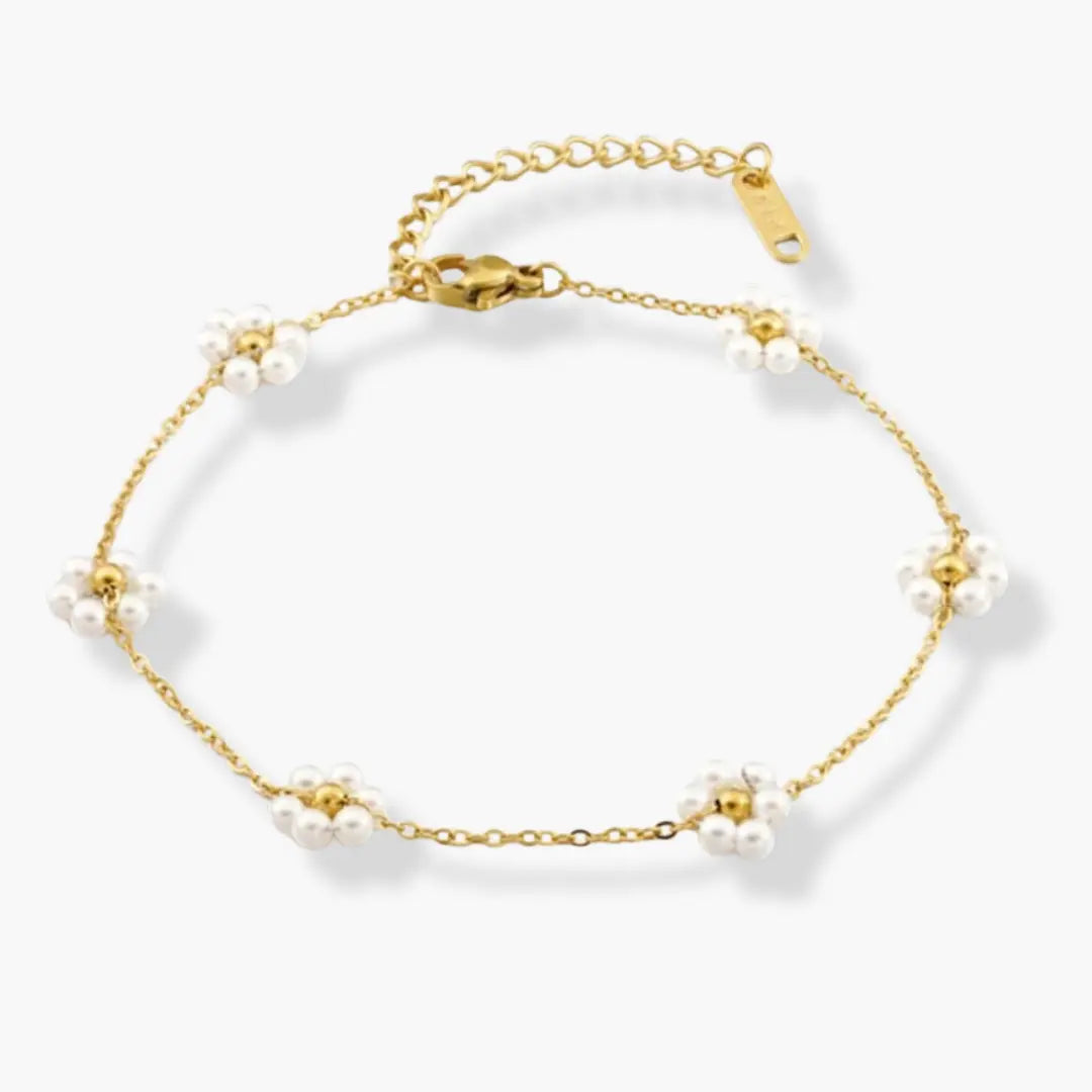 Gold-Tone White Bead Flower Bracelet For Girls And Women – Front View