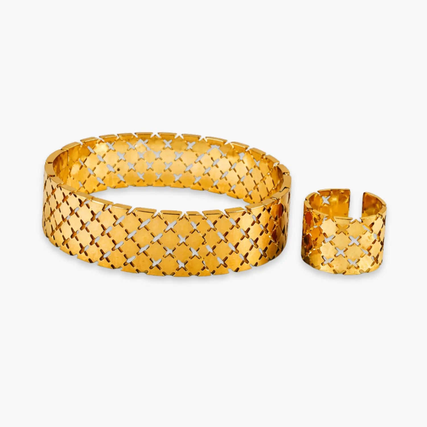 Gold-Tone Cross-Cutout Cuff Bracelet And Ring Set For Girls And Women – Front View