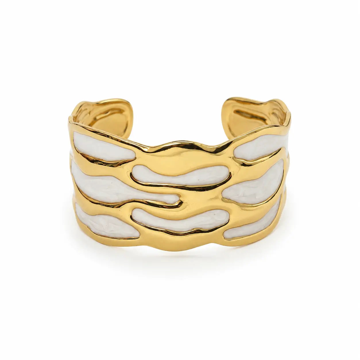 Gold-Tone Pearl White Enamel Cuff Bracelet-04-157