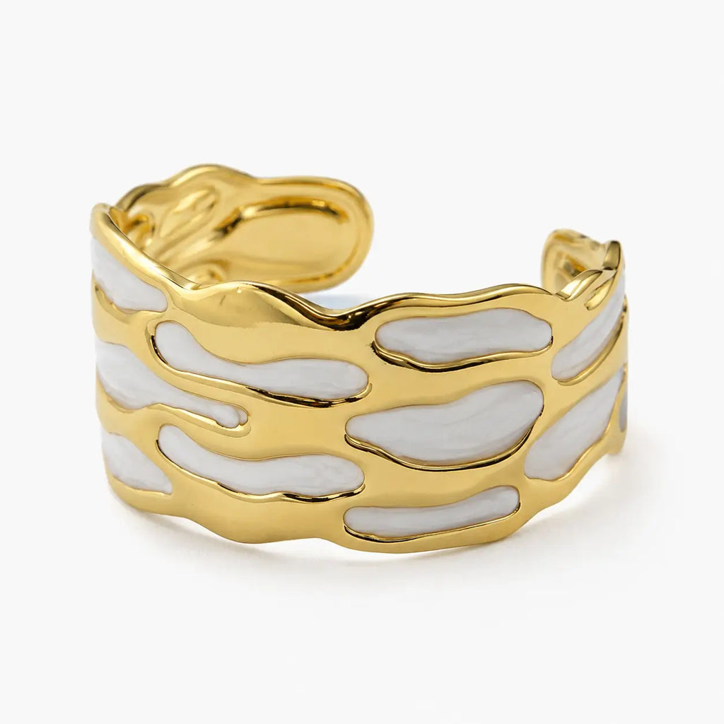 Gold-Tone Pearl White Enamel Cuff Bracelet-04-157