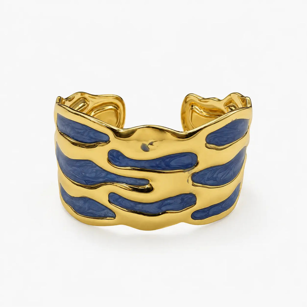Gold-Tone Blue Enamel Cuff Bracelet-04-158