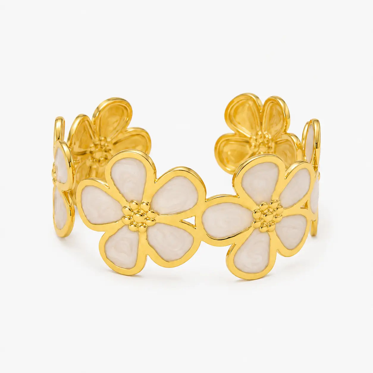 White Enamel Floral Cuff Bracelet-04-165