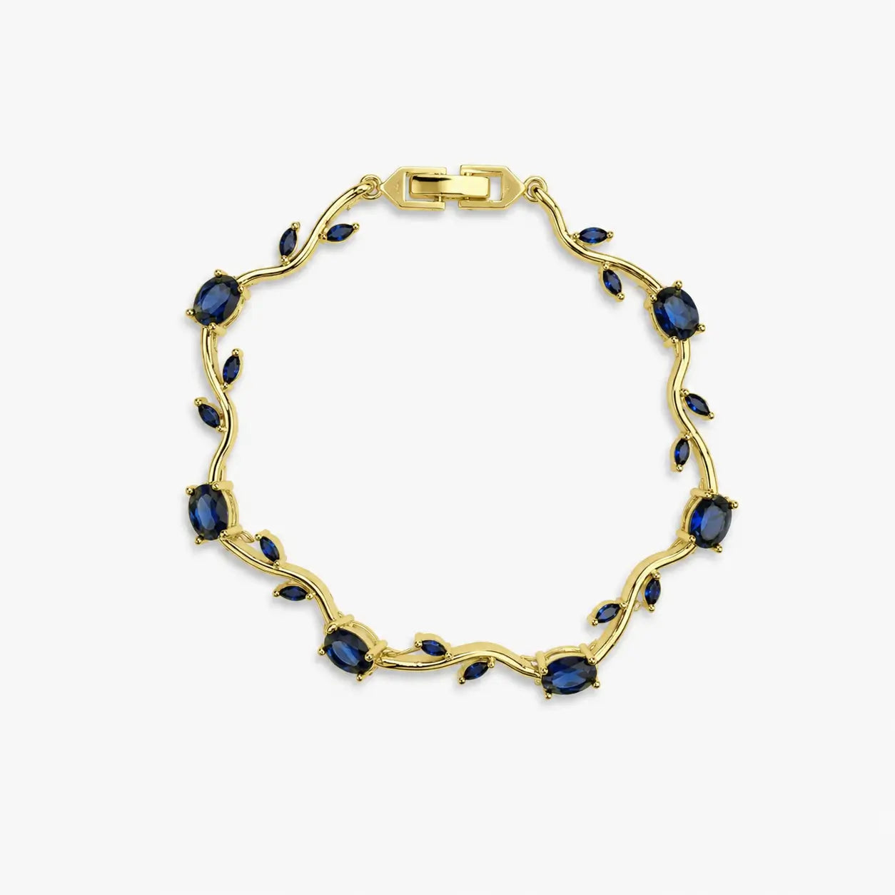 Stone hand bracelet with dark blue oval and leaf-shaped stones arranged around a gold-colour vine design, full view.