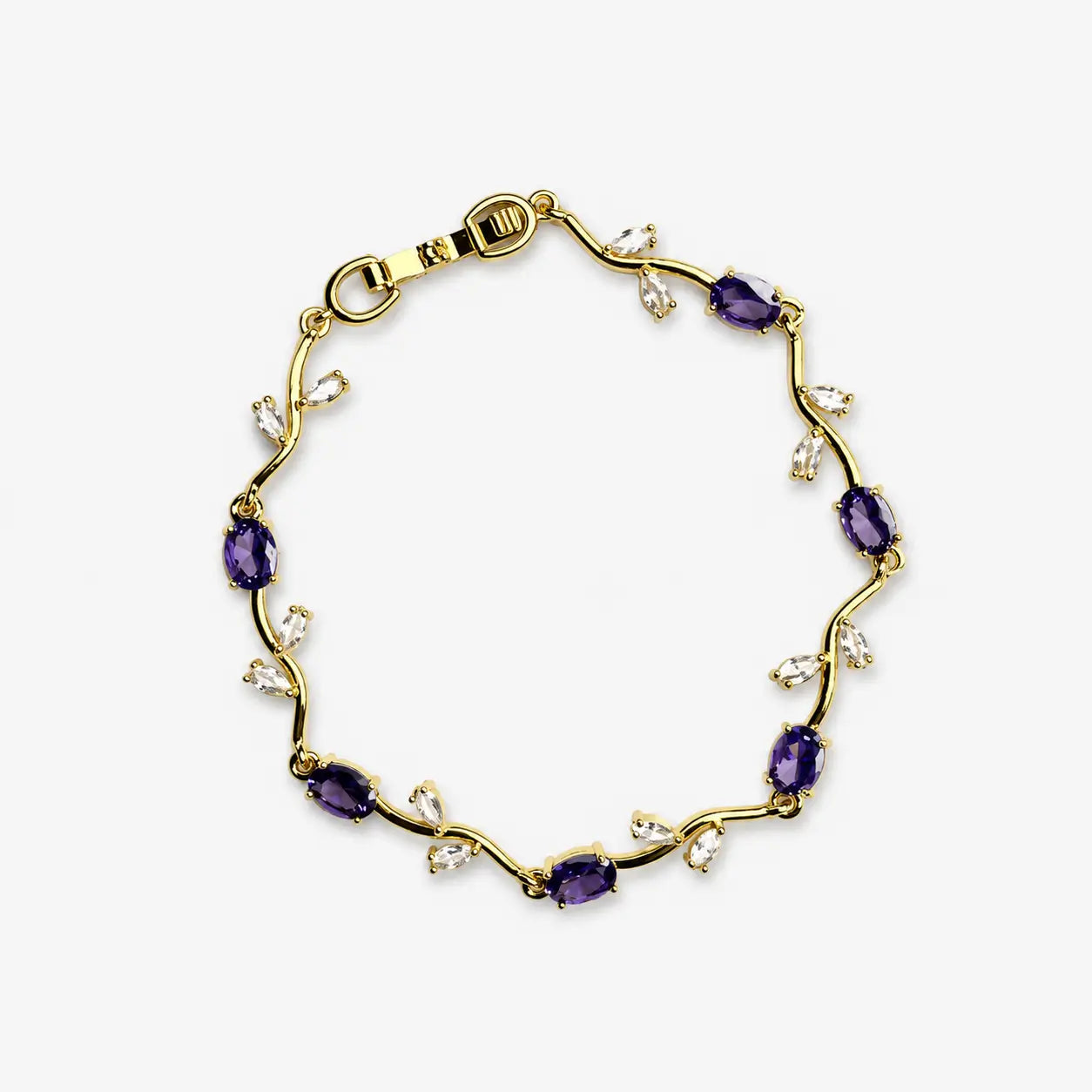 Bracelets for women with purple oval stones and clear leaf-shaped stones arranged around a gold-colour vine bracelet, full view.