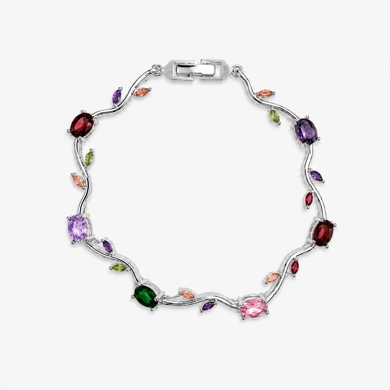 Stone bracelets for women with red, purple, green and pink oval stones plus colourful leaf-shaped accents on a silver-colour vine design.