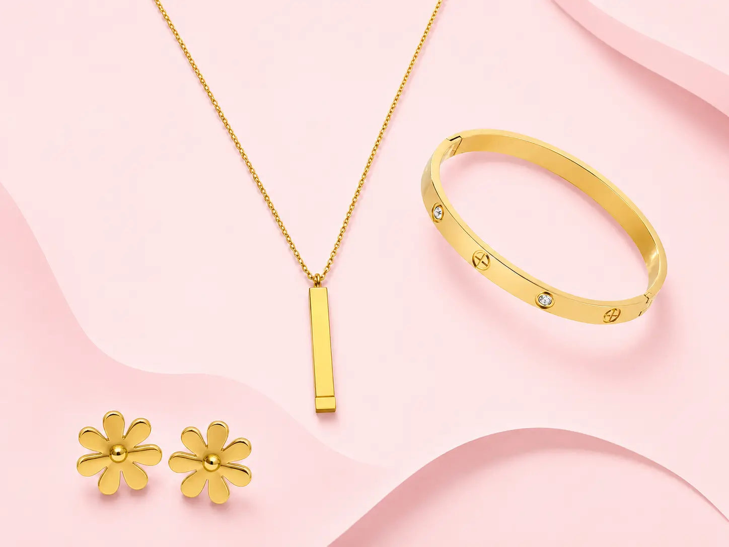 Gold-tone daily wear jewellery set with bar pendant necklace, bangle and flower stud earrings