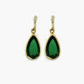 Dark green teardrop hook earrings with gold-tone border – front view