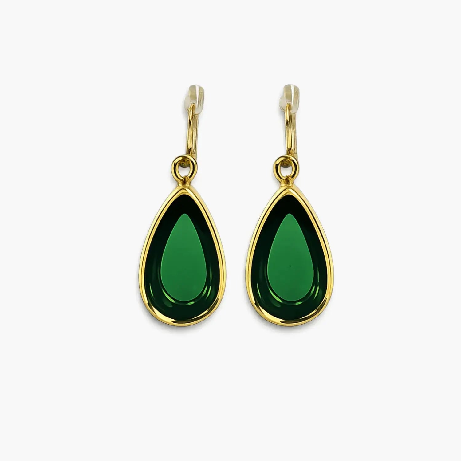 Dark green teardrop hook earrings with gold-tone border – front view