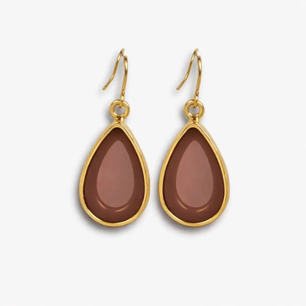 Brown teardrop hook earrings with gold-tone border – front view