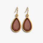 Brown teardrop hook earrings with gold-tone border – front view