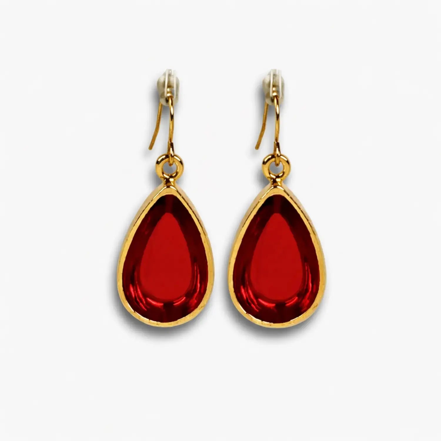 Red teardrop hook earrings with gold-tone border – front view
