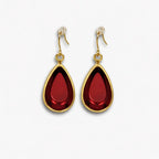 Maroon teardrop hook earrings with gold-tone border – front view