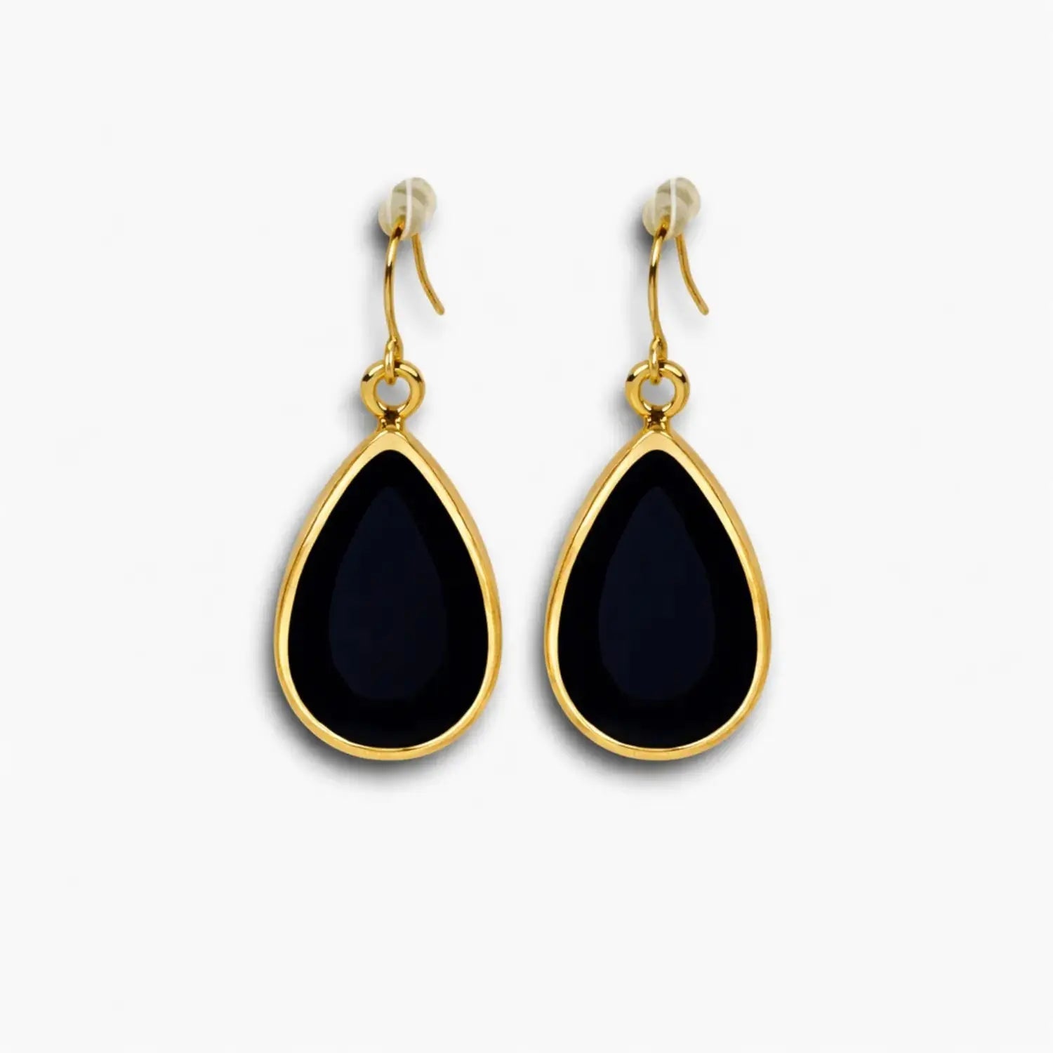 Black teardrop hook earrings with gold-tone border – front view