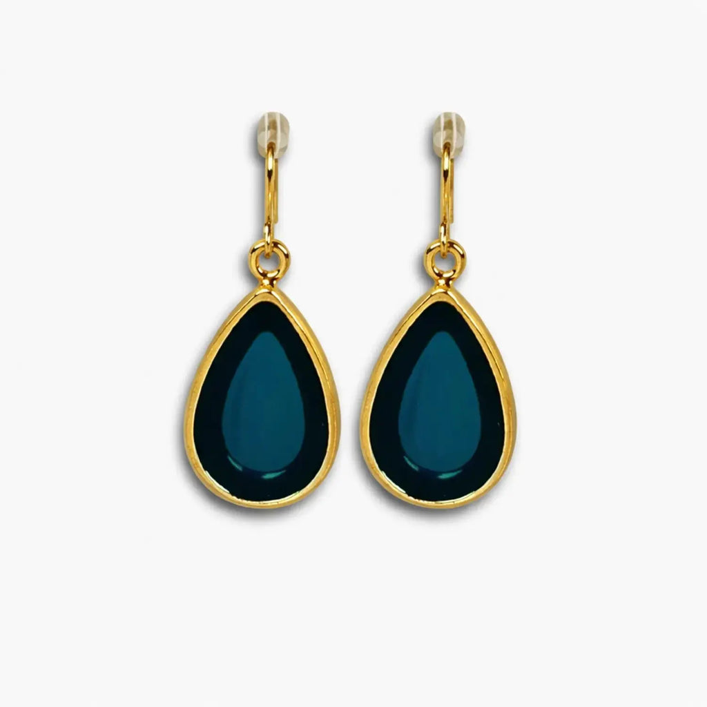 Navy blue teardrop hook earrings with gold-tone border – front view