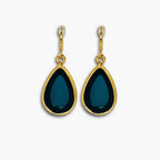Navy blue teardrop hook earrings with gold-tone border – front view