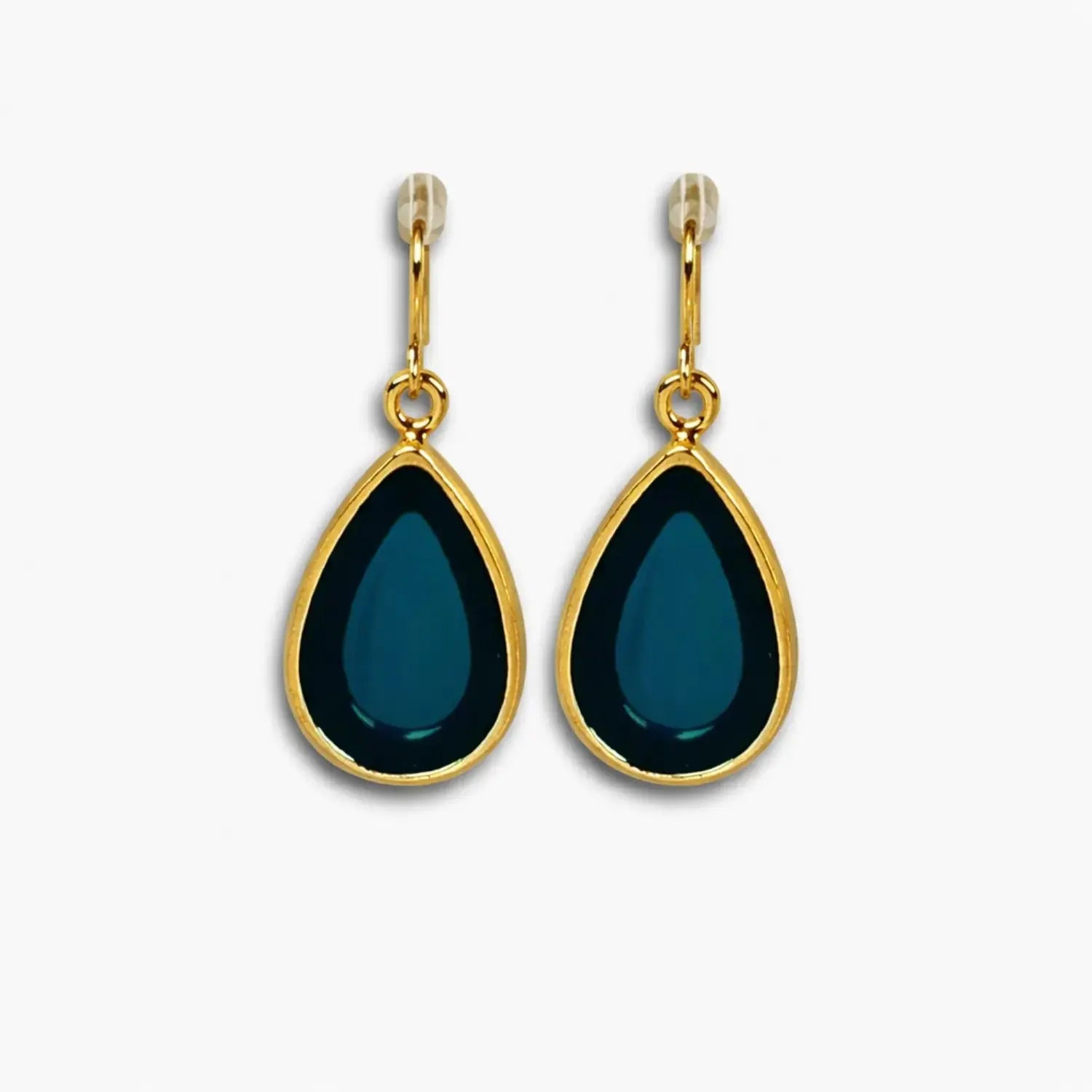 Navy blue teardrop hook earrings with gold-tone border – front view