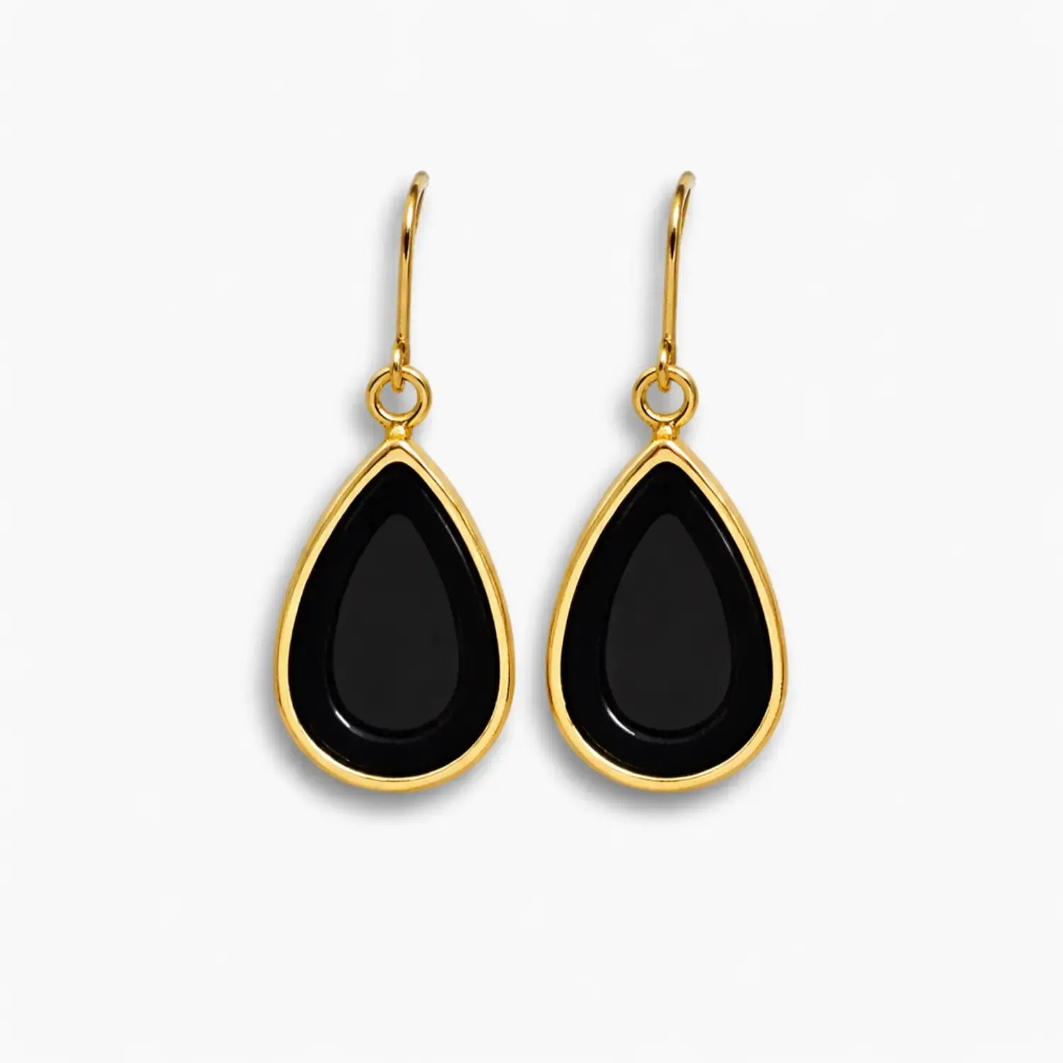Black teardrop earrings with gold hooks on a white background