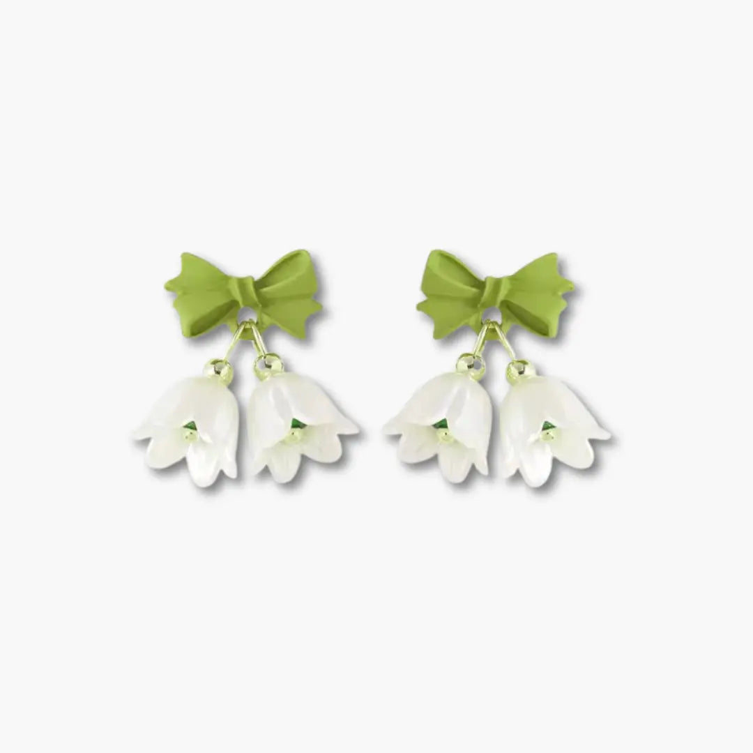 Green bow flower drop earrings – front view
