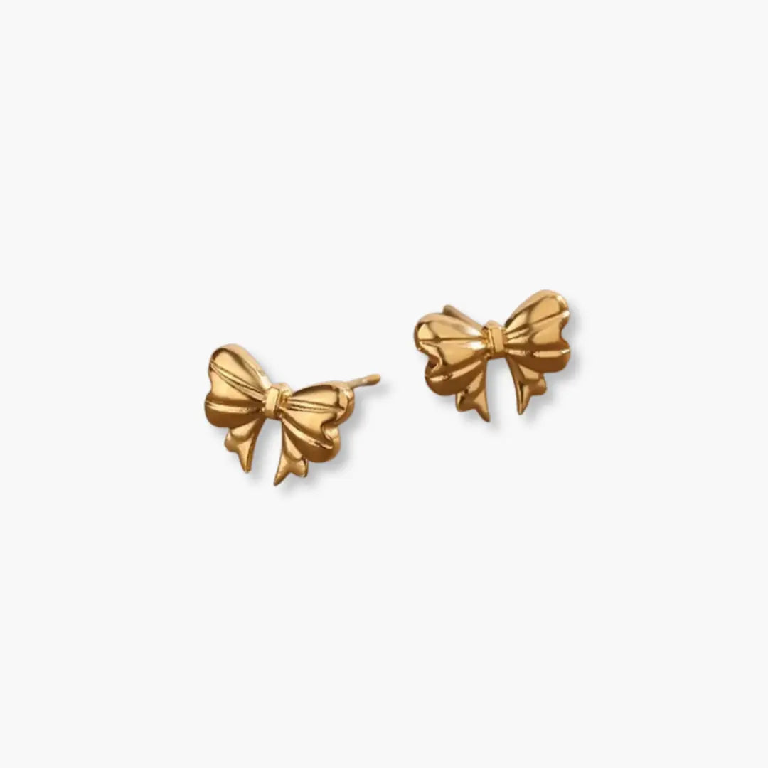 Gold-tone ribbon bow stud earrings – front view