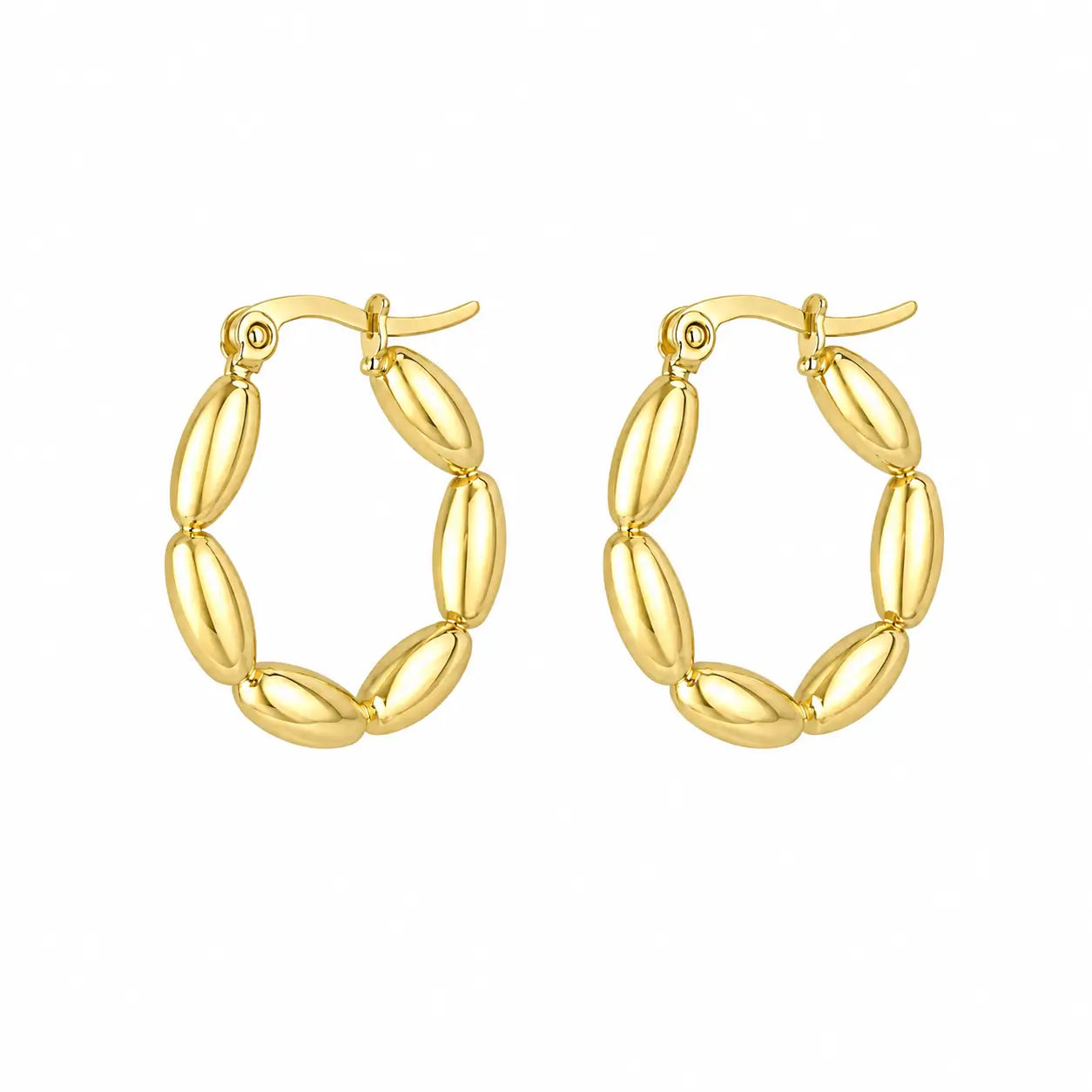 Hoop earrings in polished gold tone with repeated elongated oval bead-like elements around the hoop