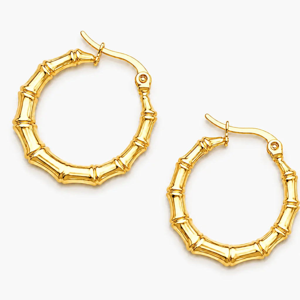 Gold-tone bamboo style hoop earrings – front view
