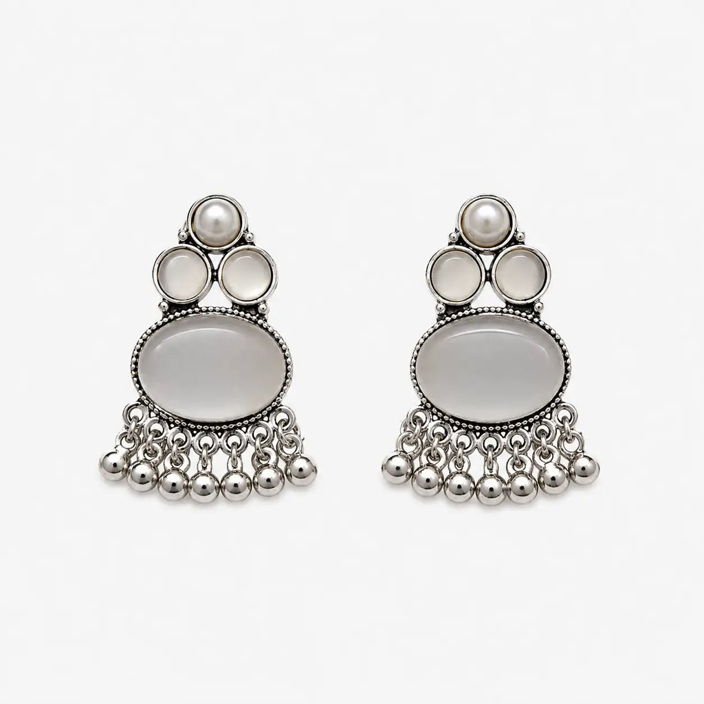 Artificial silver earrings with layered grey stone-look details and silver-tone bead fringe, front view