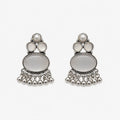 Artificial silver earrings with layered grey stone-look details and silver-tone bead fringe, front view