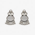 Artificial silver earrings with layered grey stone-look details and silver-tone bead fringe, front view