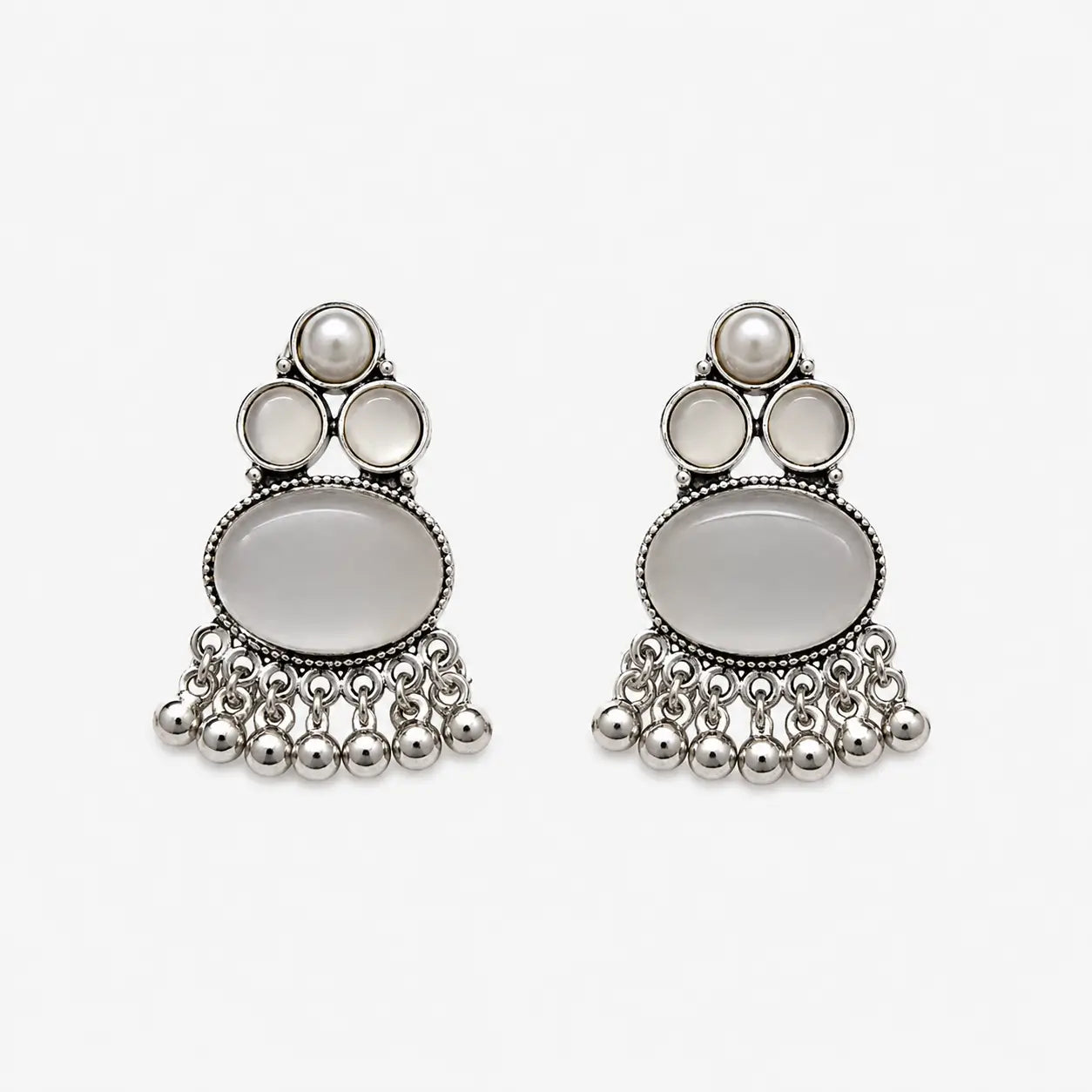Artificial silver earrings with layered grey stone-look details and silver-tone bead fringe, front view