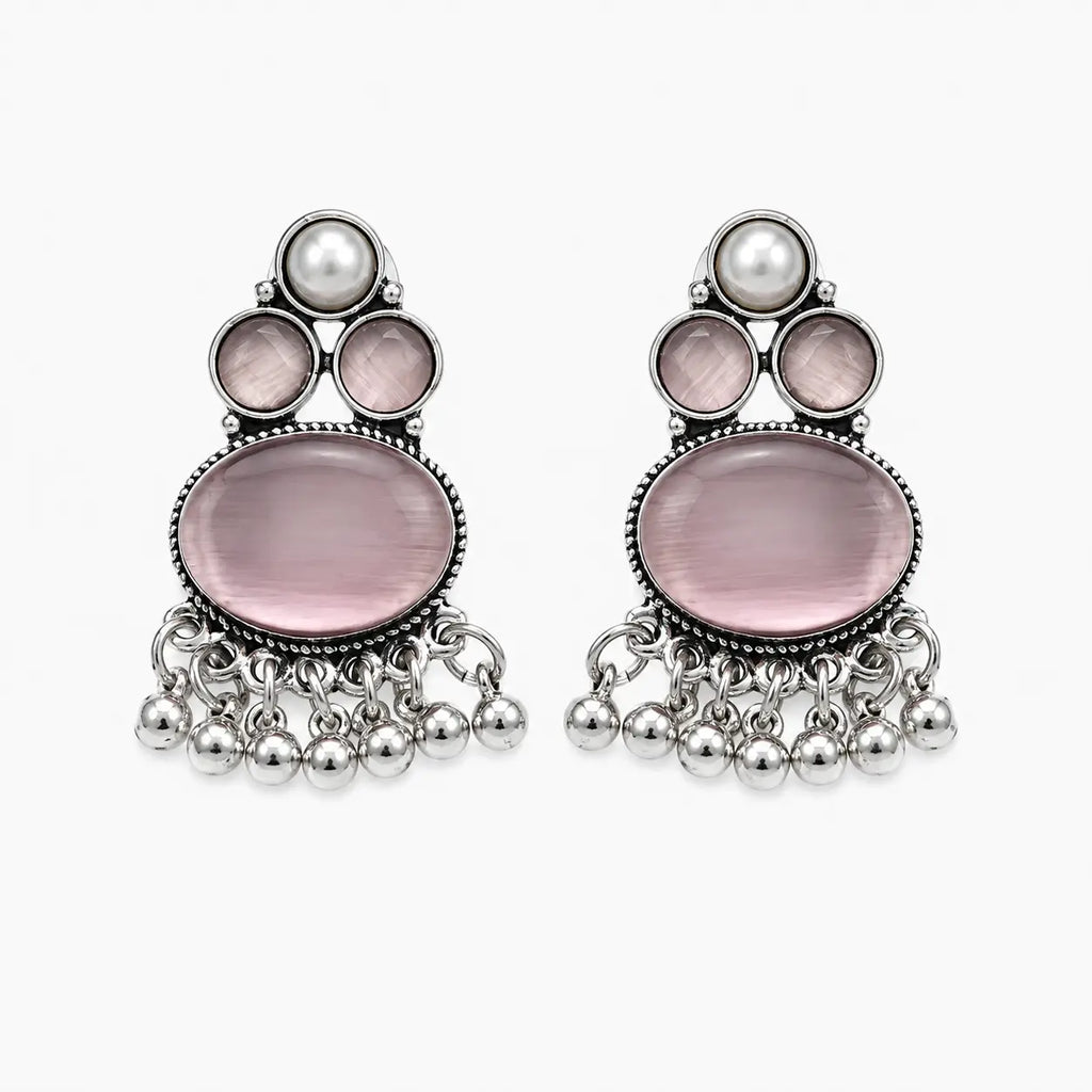 Artificial silver earrings with layered pink stone-look details and silver-tone bead fringe, front view