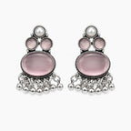 Artificial silver earrings with layered pink stone-look details and silver-tone bead fringe, front view