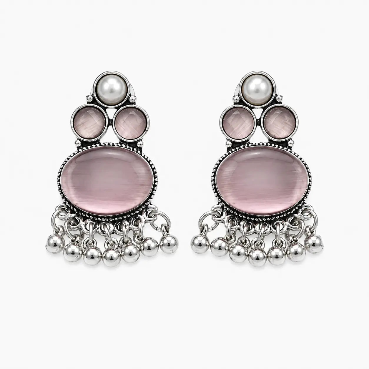 Artificial silver earrings with layered pink stone-look details and silver-tone bead fringe, front view