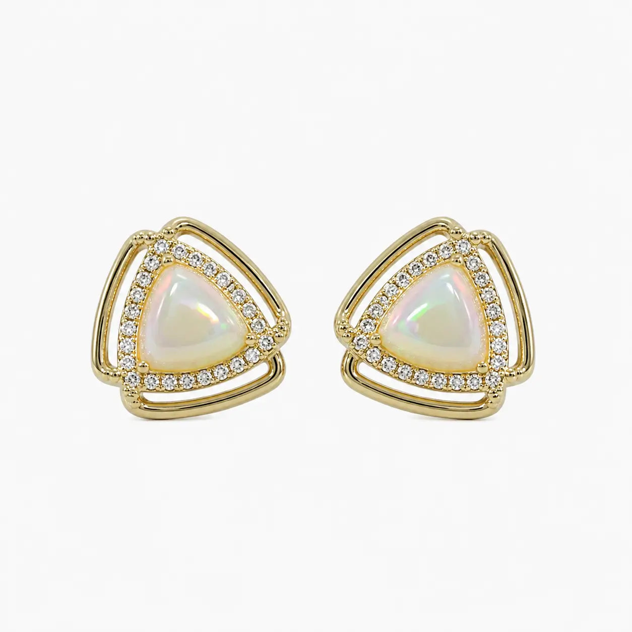 Stud earrings with iridescent triangle centres, clear stone-look accents and gold-tone open frames, front view