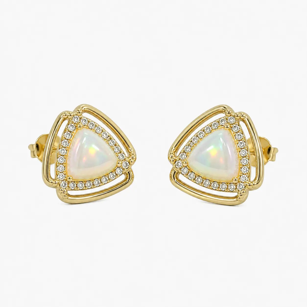 Stud earrings with gold-tone triangular frames, iridescent centres and clear stone-look borders, angled view