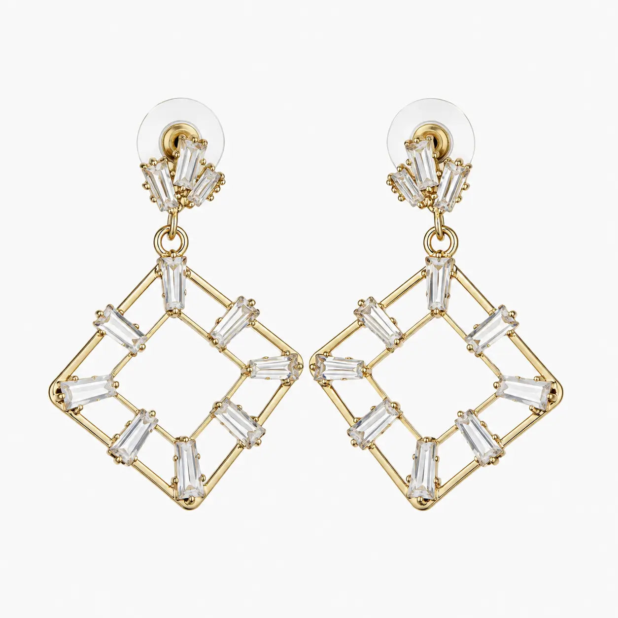 Party wear earrings with geometric gold-tone frames and clear rectangular stone-look accents, front view