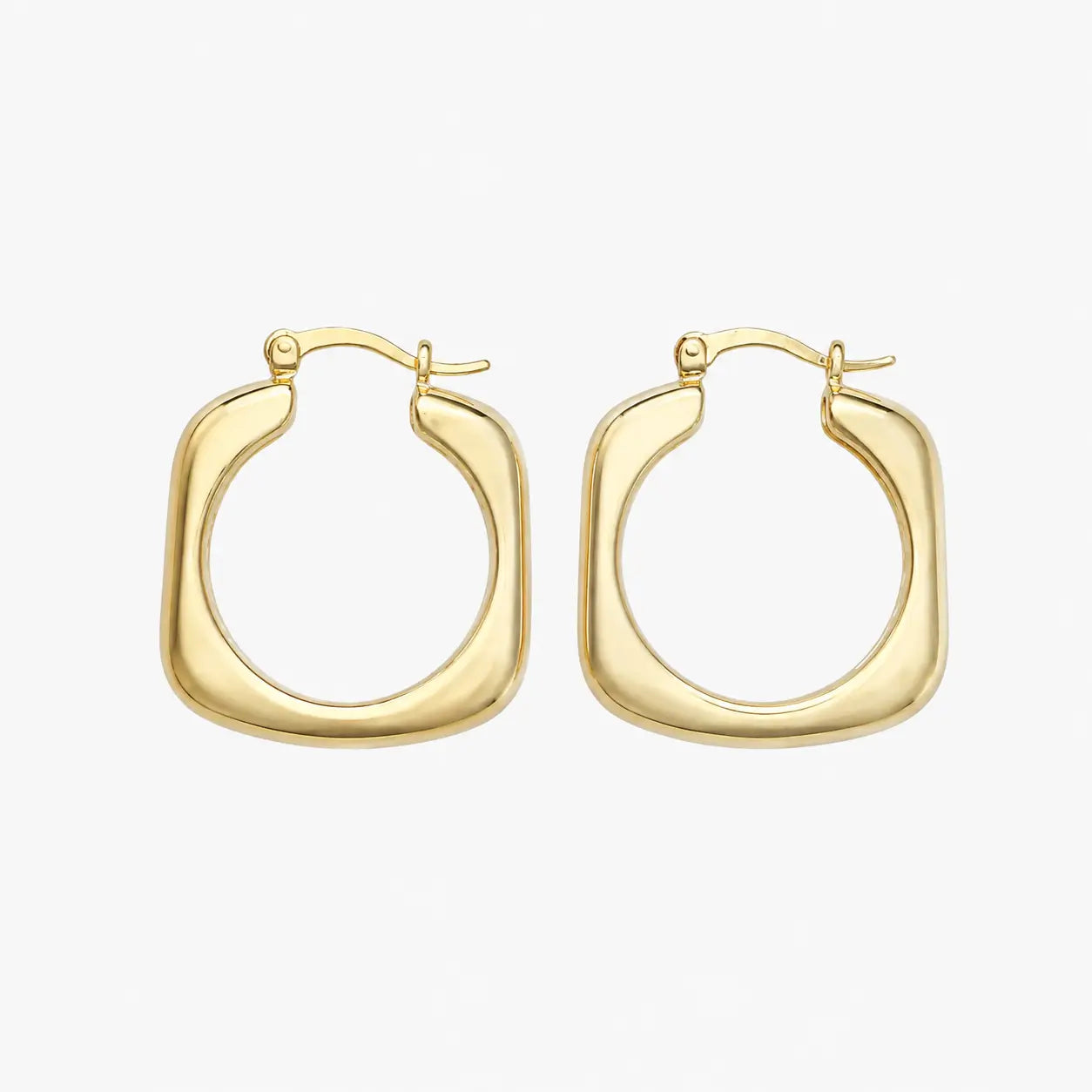 ): Hoop earrings with a gold-tone rounded square design and smooth chunky finish, front view