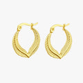 Hoop earrings with gold-tone V-shaped silhouette, raised inner contour and leaf-inspired engraved texture
