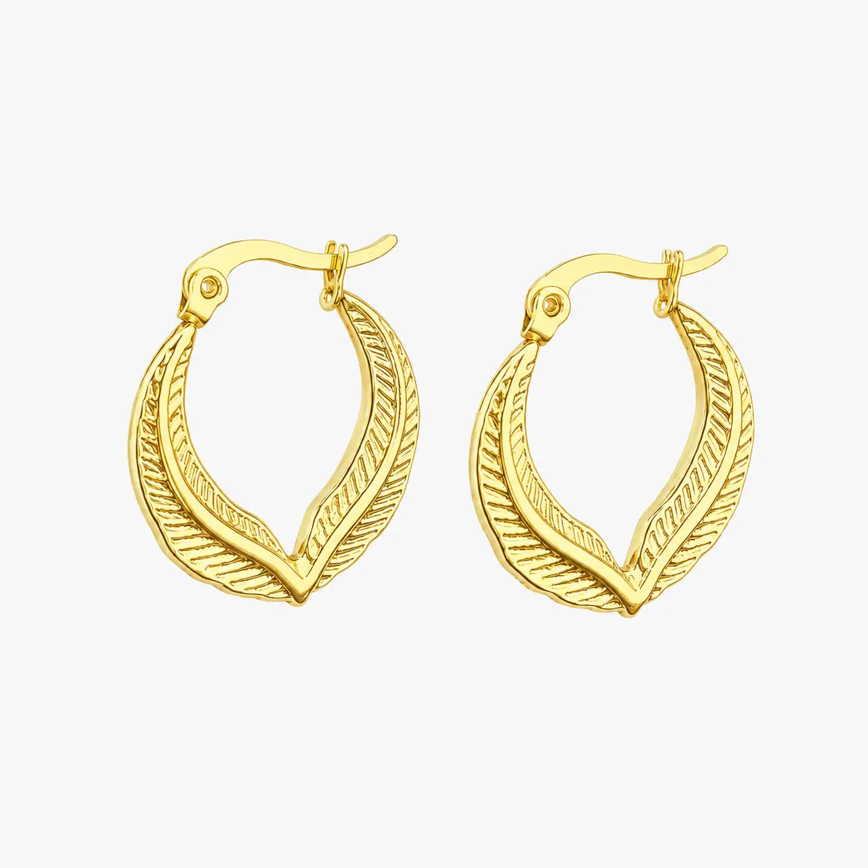 Hoop earrings with gold-tone V-shaped silhouette, raised inner contour and leaf-inspired engraved texture