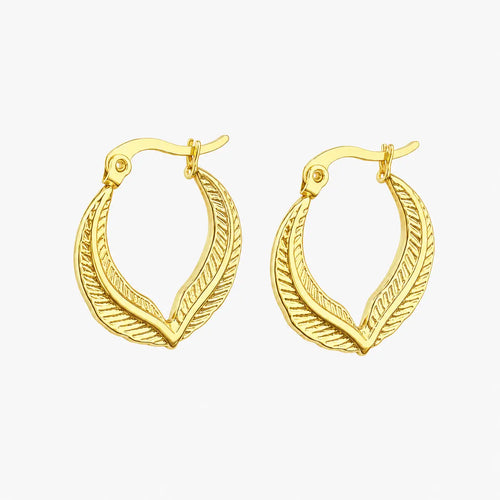 Hoop earrings with gold-tone V-shaped silhouette, raised inner contour and leaf-inspired engraved texture