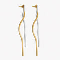 Long earrings for women with flowing gold-colour and silver-colour dangle strands, front product view.