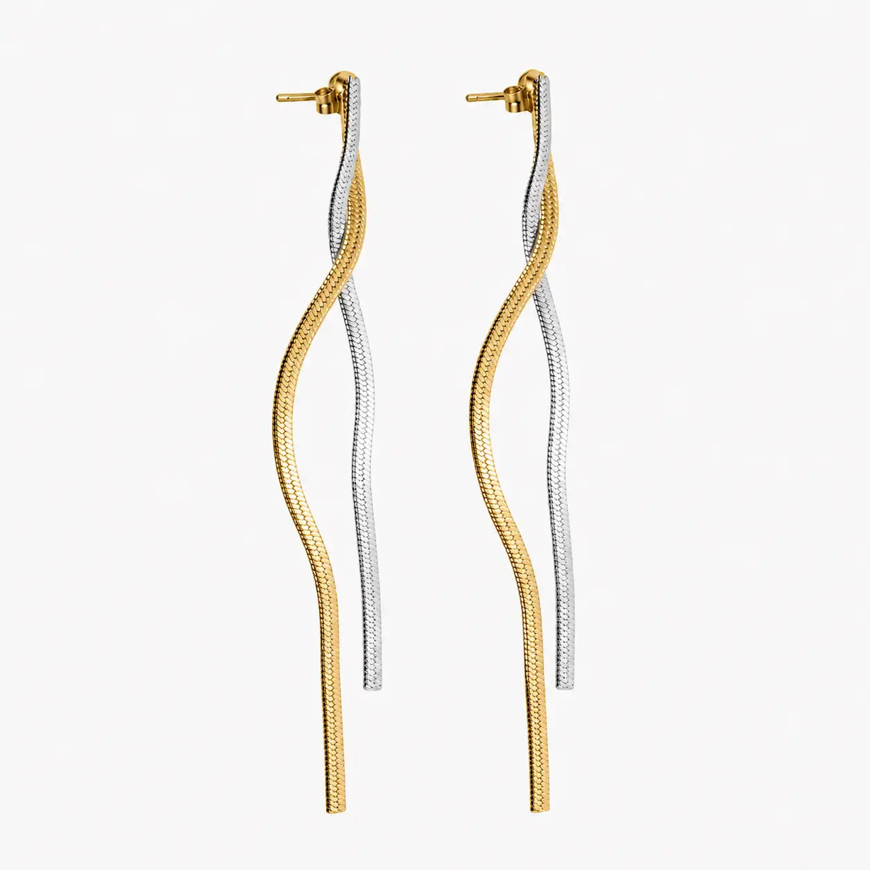 Long earrings for women with flowing gold-colour and silver-colour dangle strands, front product view.