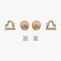  Stud earrings set with rose-gold-colour heart, shell and round clear stone designs arranged in a front view.