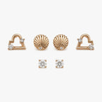  Stud earrings set with rose-gold-colour heart, shell and round clear stone designs arranged in a front view.