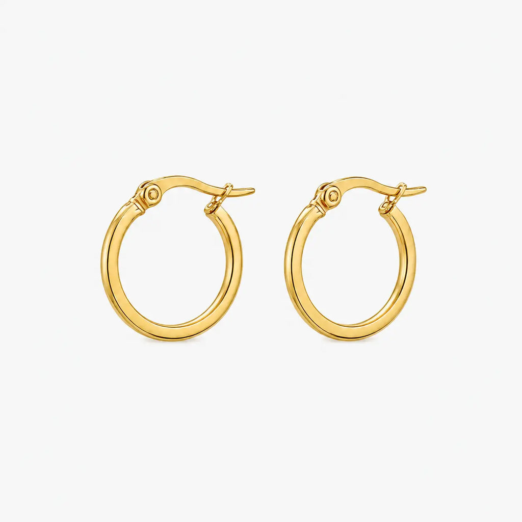Round earrings in a polished gold-colour hoop design, shown from a three-quarter angle with hinged clasps visible.