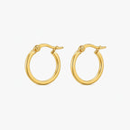 Round earrings in a polished gold-colour hoop design, shown from a three-quarter angle with hinged clasps visible.