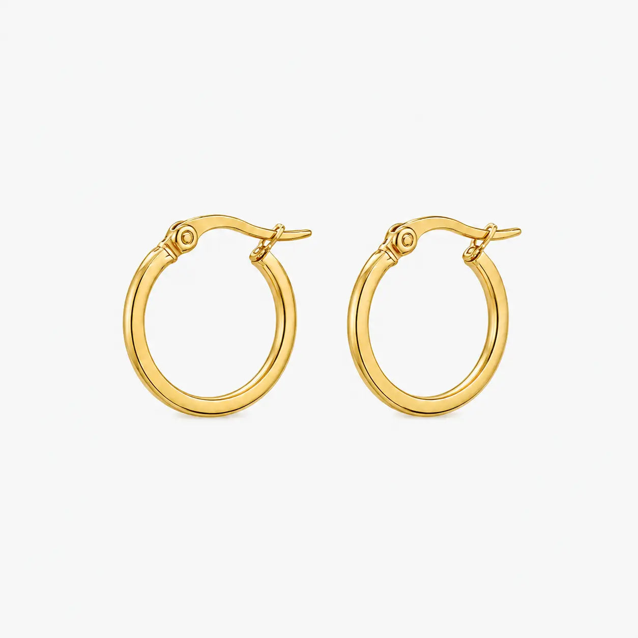 Round earrings in a polished gold-colour hoop design, shown from a three-quarter angle with hinged clasps visible.