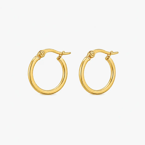 Round earrings in a polished gold-colour hoop design, shown from a three-quarter angle with hinged clasps visible.